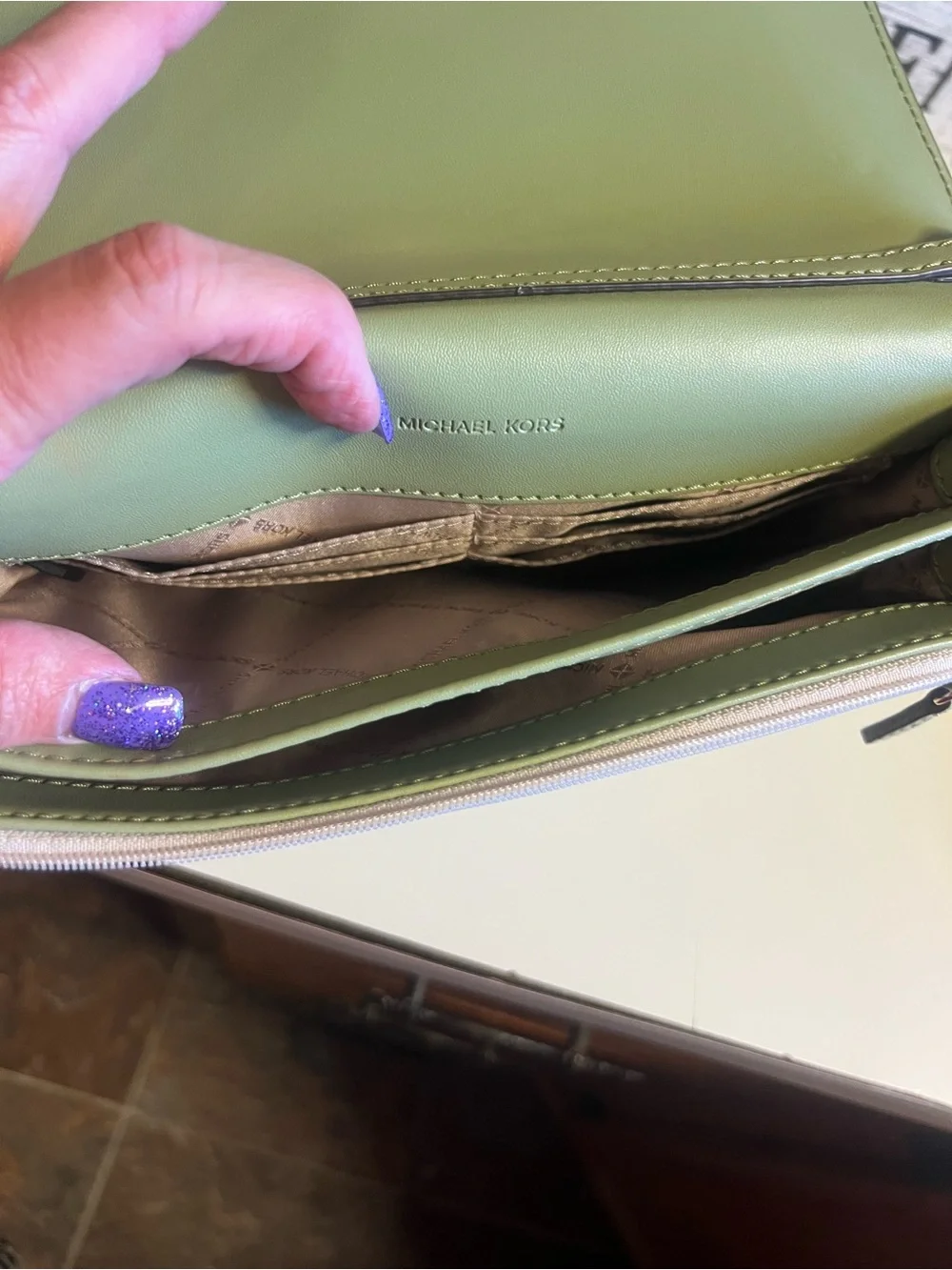 Michael Kors Cream Logo Crossbody Bag with Olive Strap